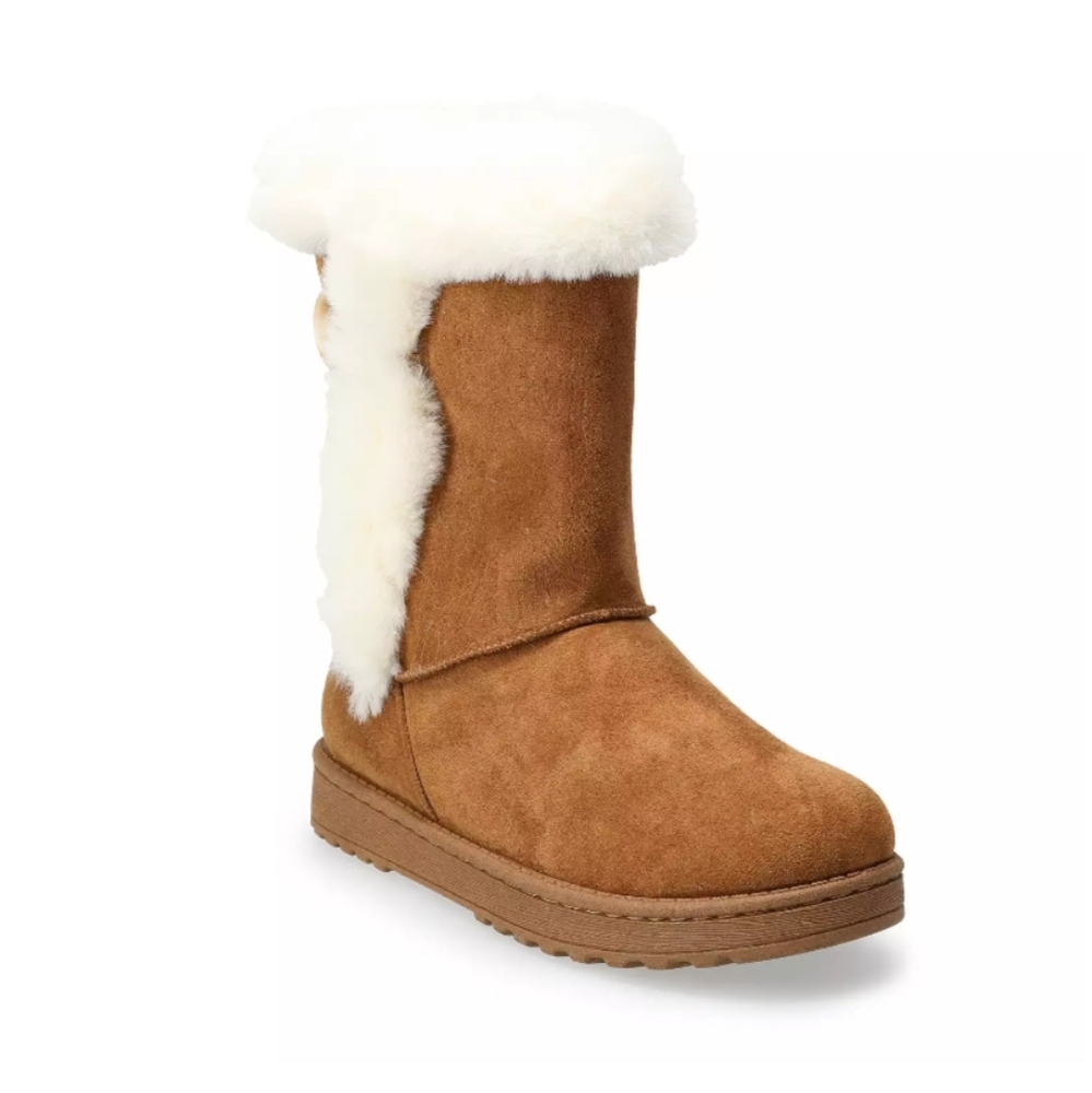 Brown Suede Boots with White Fur Trim
